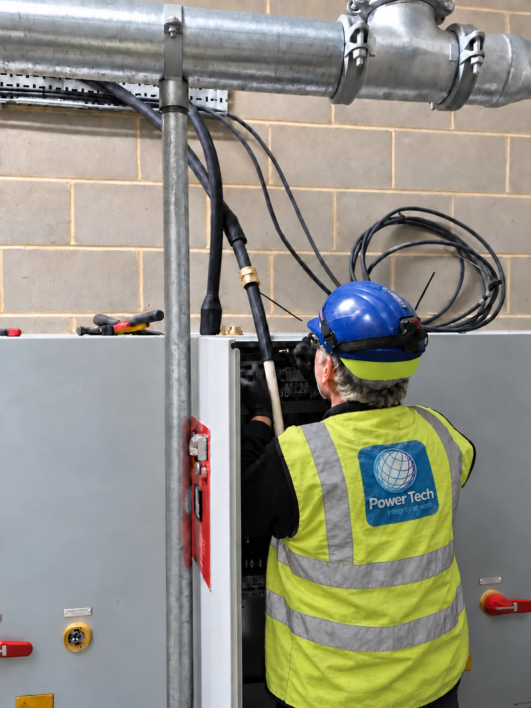 Engineer maintaining an electrical control cabinet in a sprinkler pump room