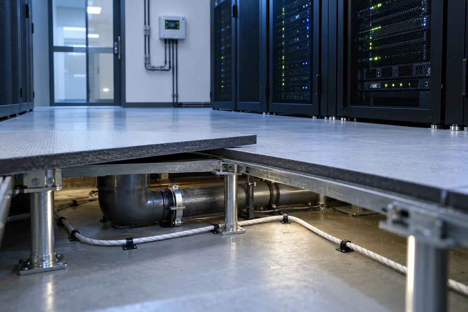 Water leak sensing cable installed beneath a server-room floor