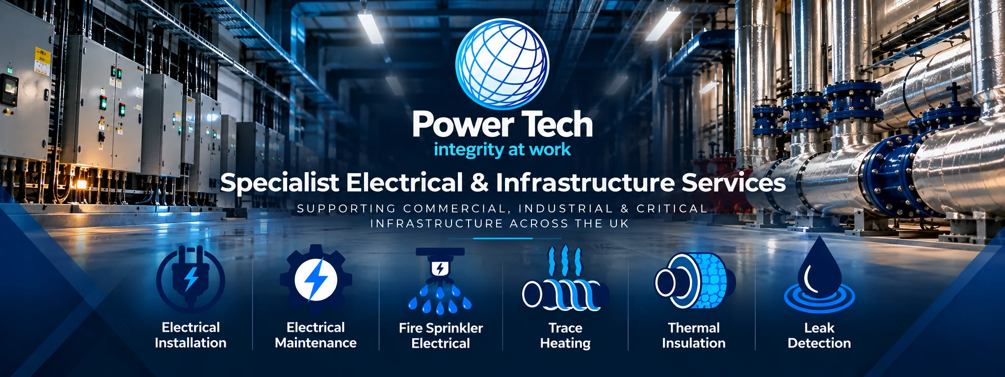 Power Tech branded banner showing commercial and industrial infrastructure