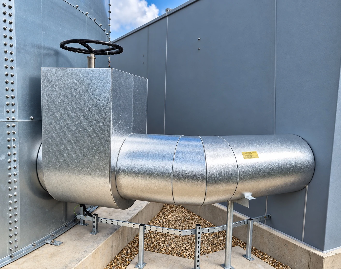 Insulated pipework and valve with protective metal cladding beside an industrial tank